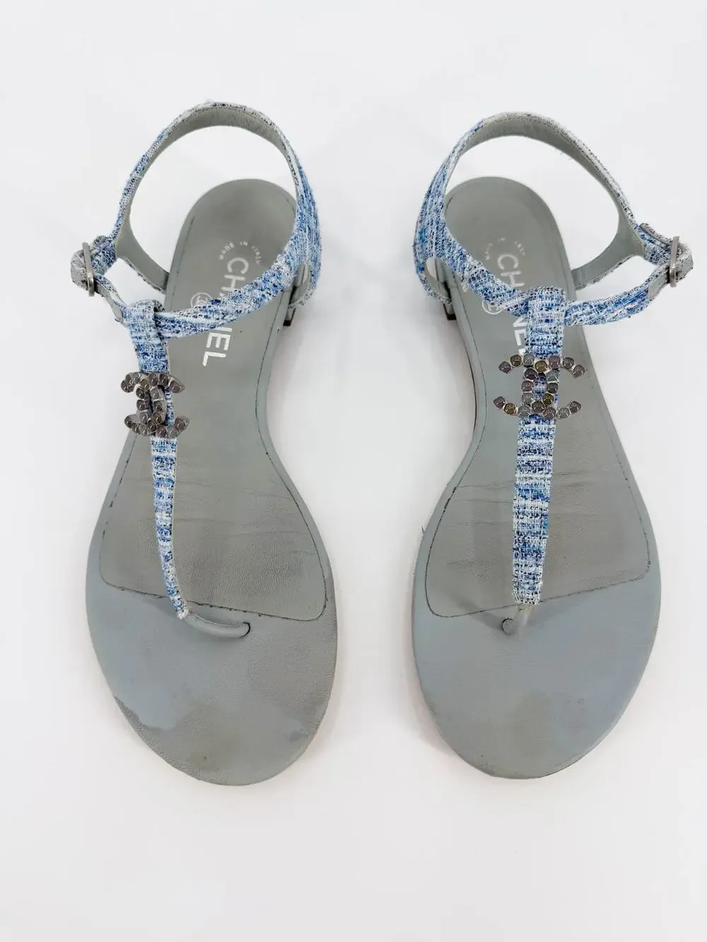 Chanel Pale Blue Tweed CC Logo Gripoix Stone Flat T-Strap Thong Sandals 40